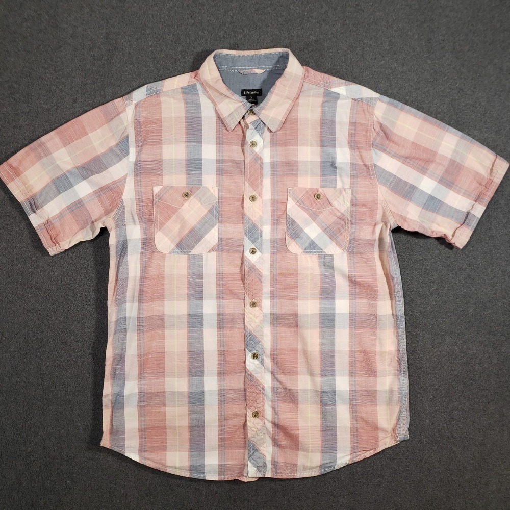 J Peterman Button Up Shirt Men Large Red Blue‎ Plaid Pocket Camp Short Sleeve